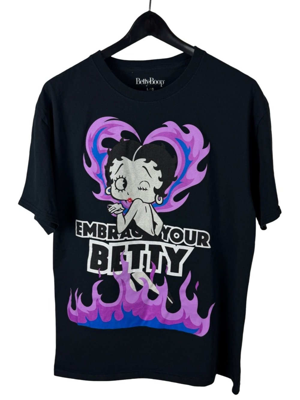 Mens Y2K Betty Boop Flame Heart Cute Cartoon Graphic Black Shirt Size L